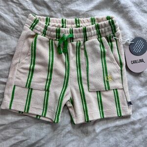 CARLIJNQ unisex green and cream terry shorts size 5/6 BNWT